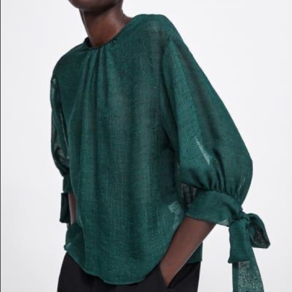 ZARA Textured Weave Tied Top in Bottle Green